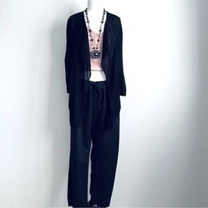 SET August Silk Black Mesh Open Front Cardigan & GAP Black Easy Drawstring Pants